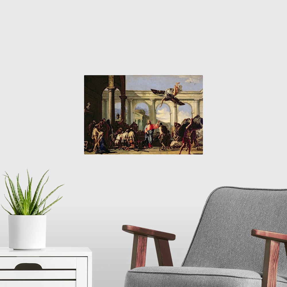A modern room featuring XIR267679 Jesus Healing the Paralytic at the Pool of Bethesda, c.1759 (oil on canvas)  by Tiepolo...