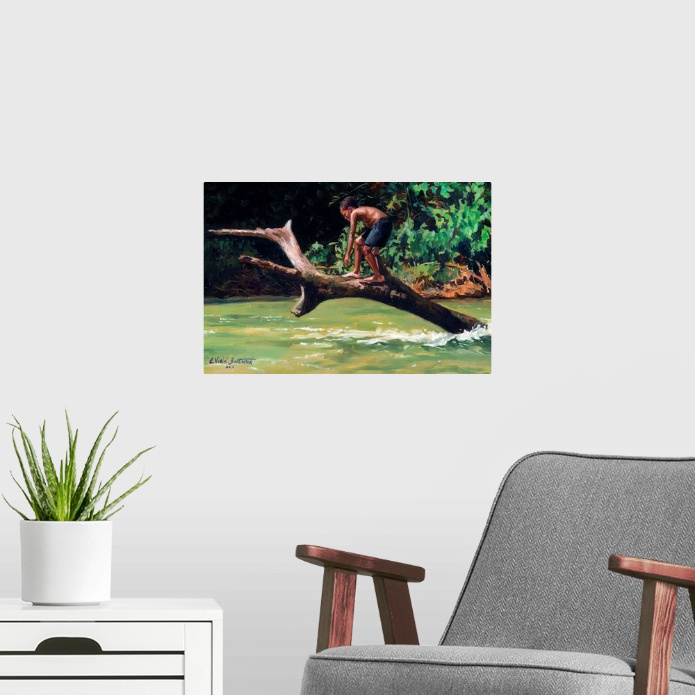 A modern room featuring Contemporary painting of a boy on a tree ready to jump into the water.