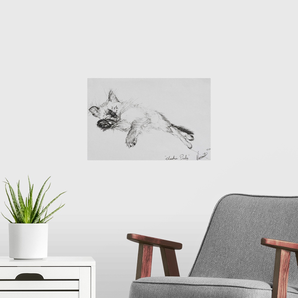 A modern room featuring Contemporary illustration of a kitten sleeping soundly.