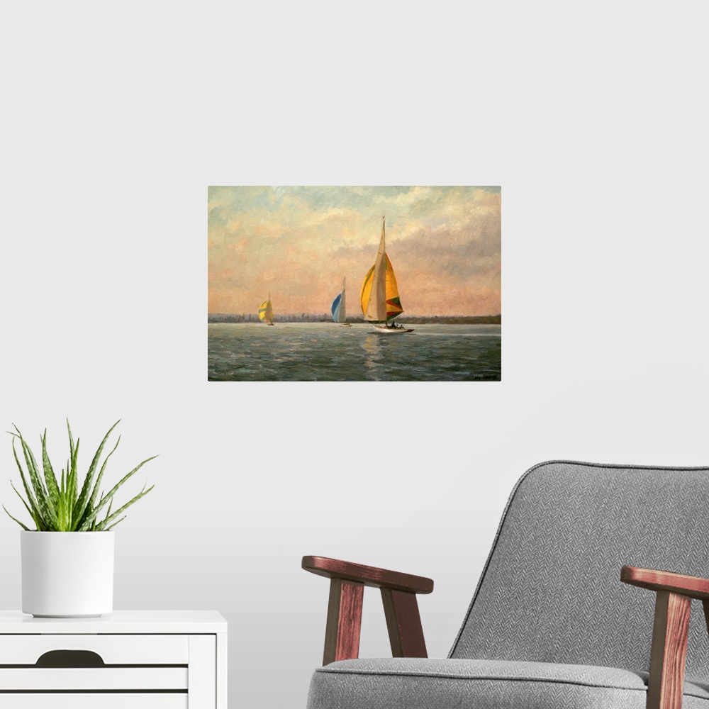 A modern room featuring Painting of sail boats on water with horizontal brush strokes. The sky is multi colored with vert...
