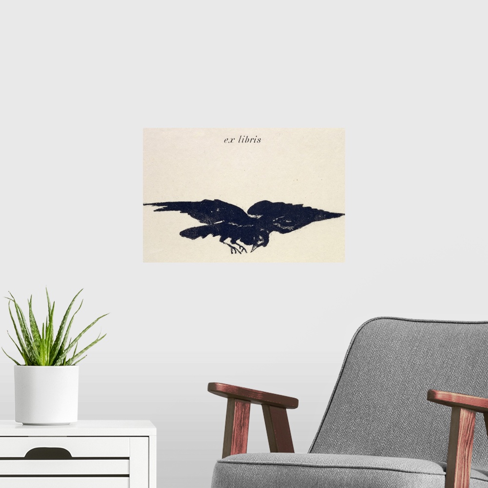 A modern room featuring Large, horizontal artwork of an illustrated raven flying on a light, neutral background.  Text at...