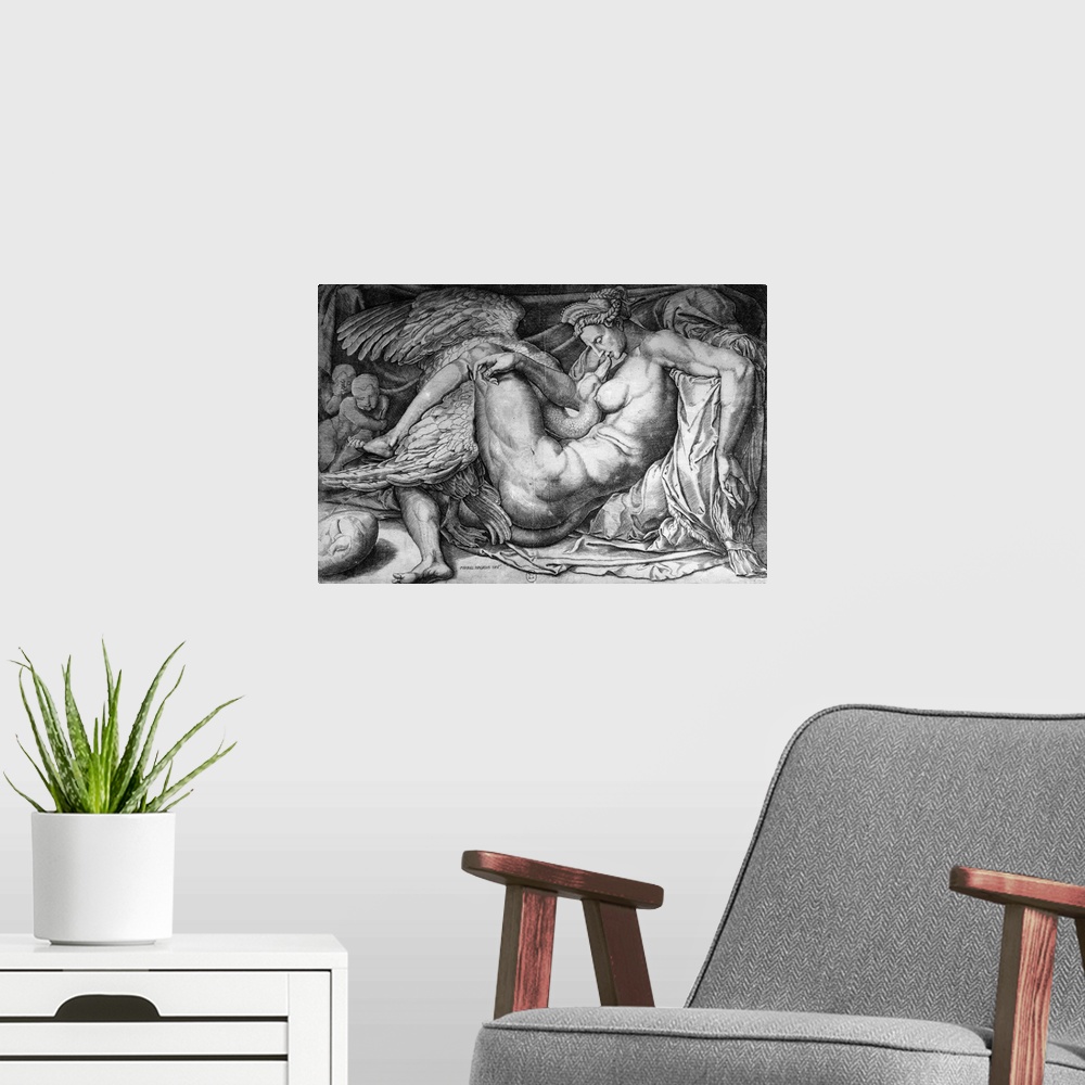 A modern room featuring XIR233738 Leda, engraved by Jacobus Bos, Boss or Bossius (b.c.1520) (b/w photo) by Buonarroti, Mi...