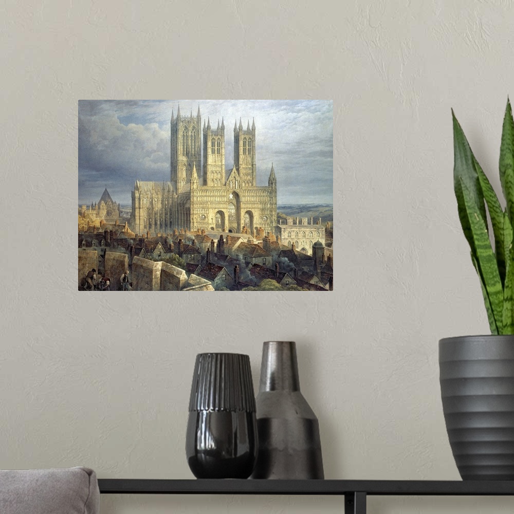 A modern room featuring BAL33429 Lincoln Cathedral from the North West, c.1850 (w/c on paper)  by Mackenzie, Frederick (c...