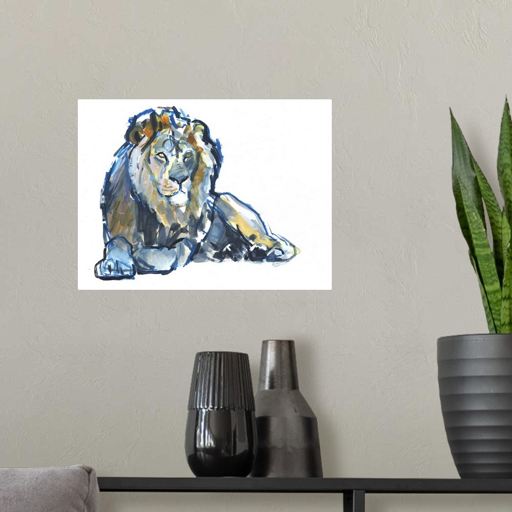 A modern room featuring Contemporary artwork of a lion outlined in blue and filled in with color on a solid white backgro...