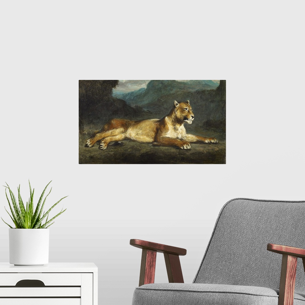 A modern room featuring Lioness reclining, c.1855