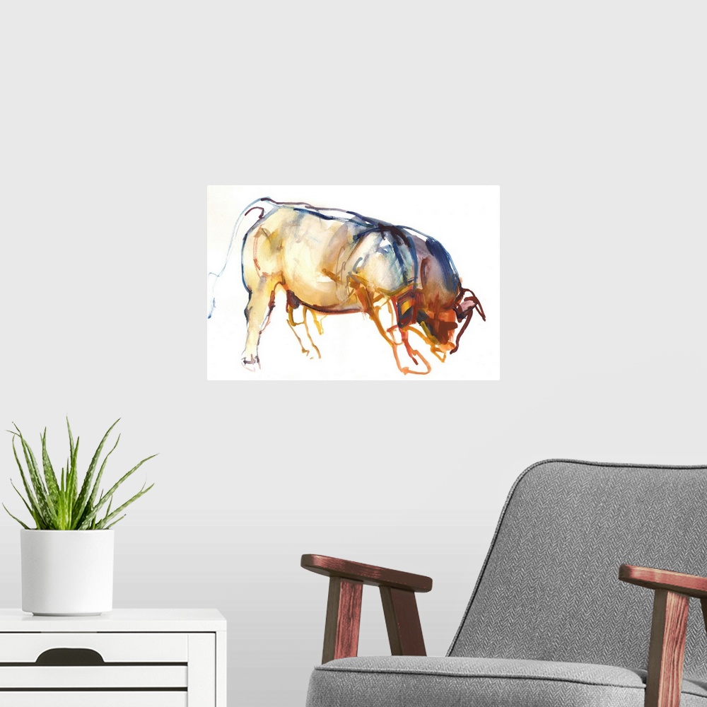 A modern room featuring Contemporary artwork of a bull against a white background.