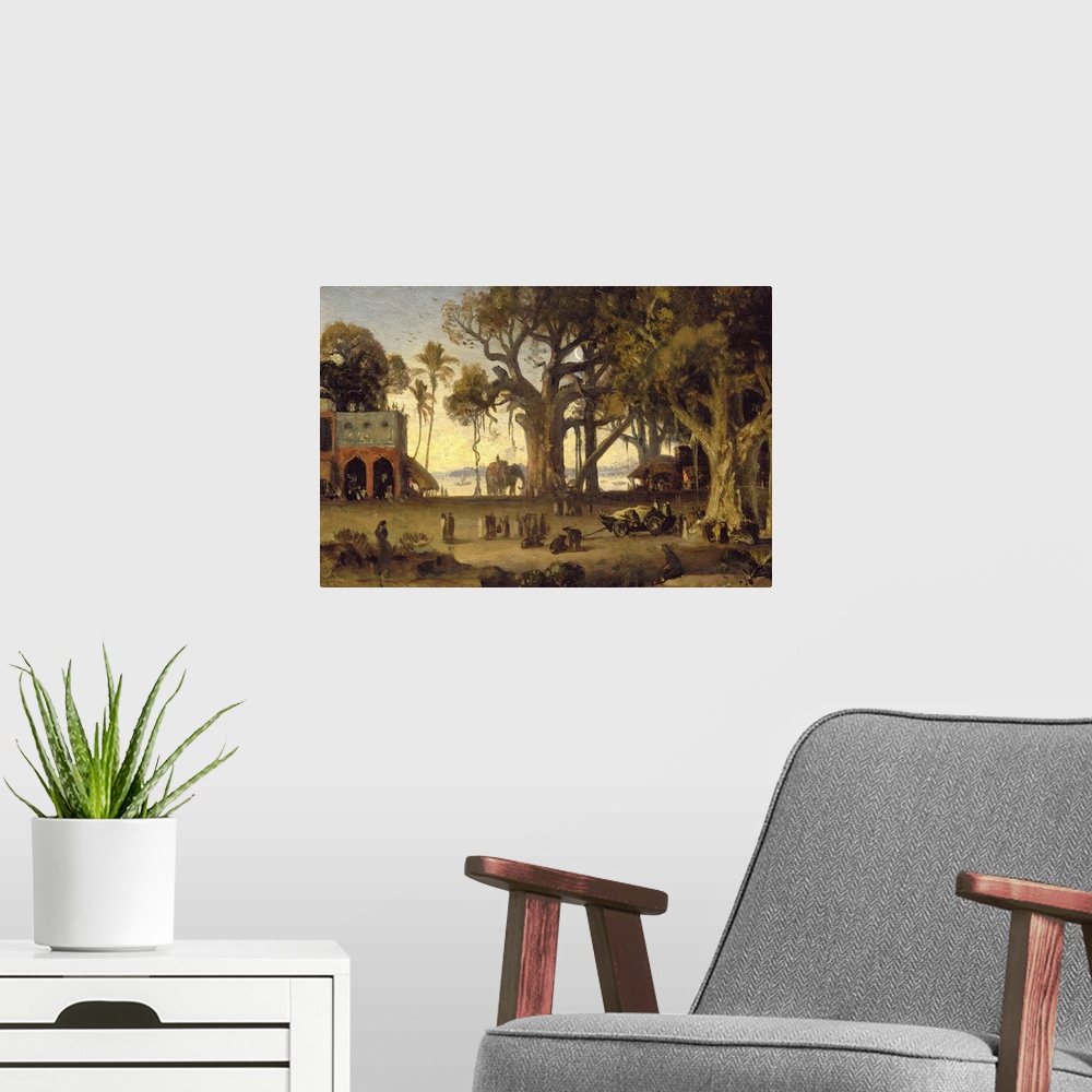 A modern room featuring Moonlit Scene of Indian Figures and Elephants among Banyan Trees, Upper India