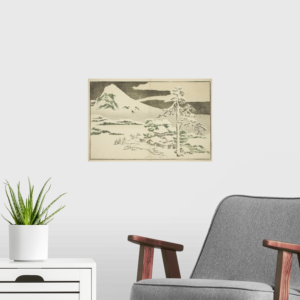 A modern room featuring Mount Fuji in Winter, from The Picture Book of Realistic Paintings of Hokusai, Hokusai shashin ga...