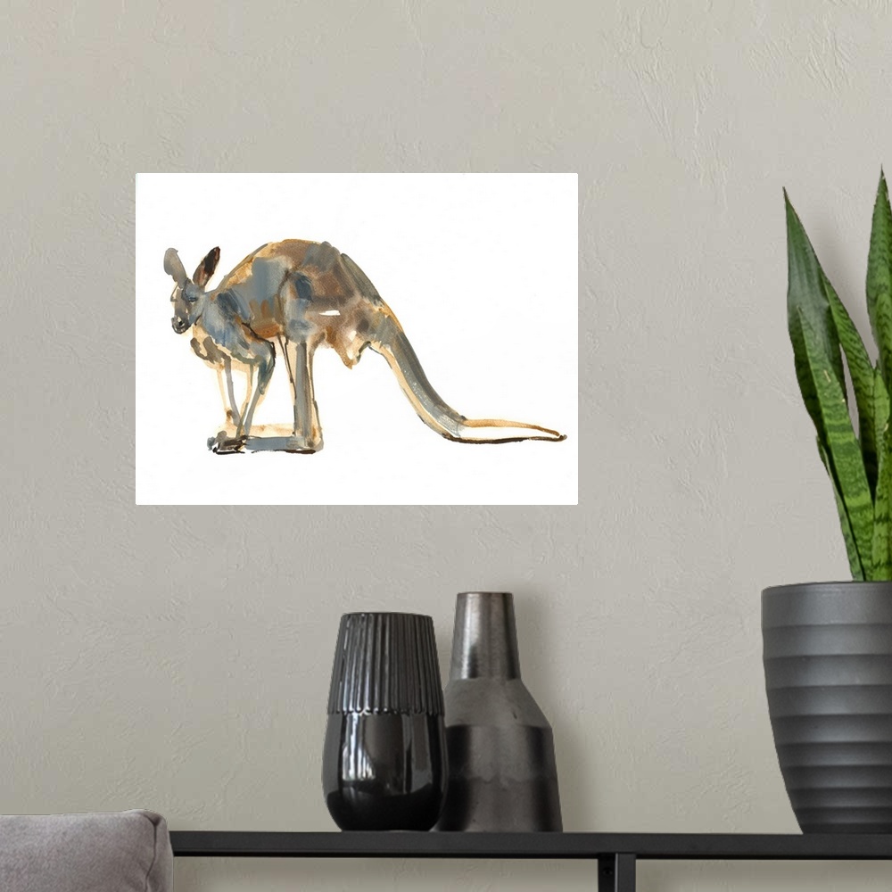 A modern room featuring Contemporary artwork of a kangaroo  against a white background.