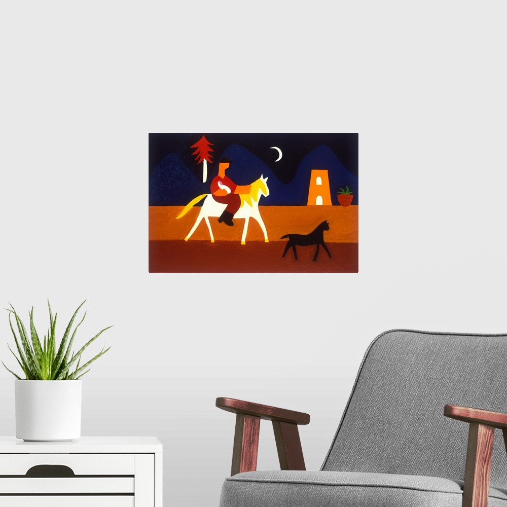A modern room featuring Contemporary painting of a man with a baby riding a horse at night.