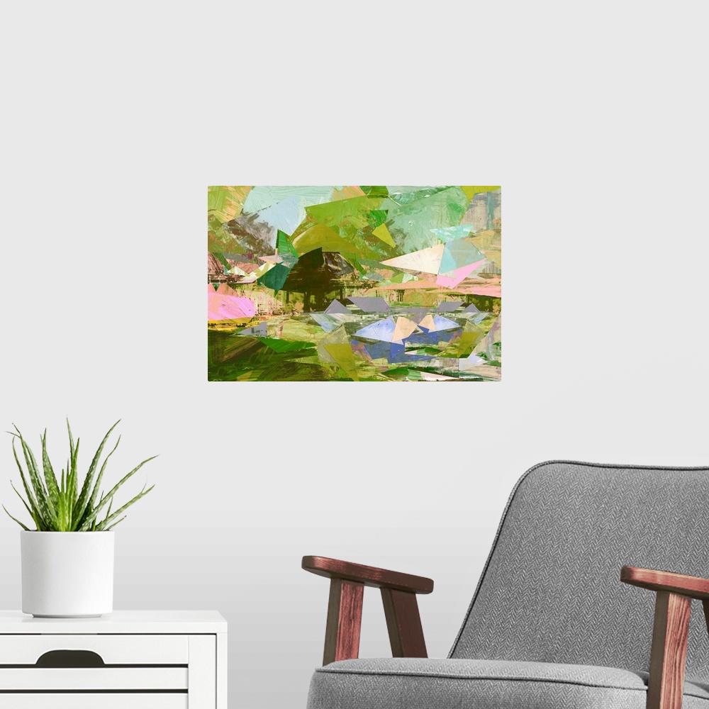 A modern room featuring Originally mixed media on wood panel.