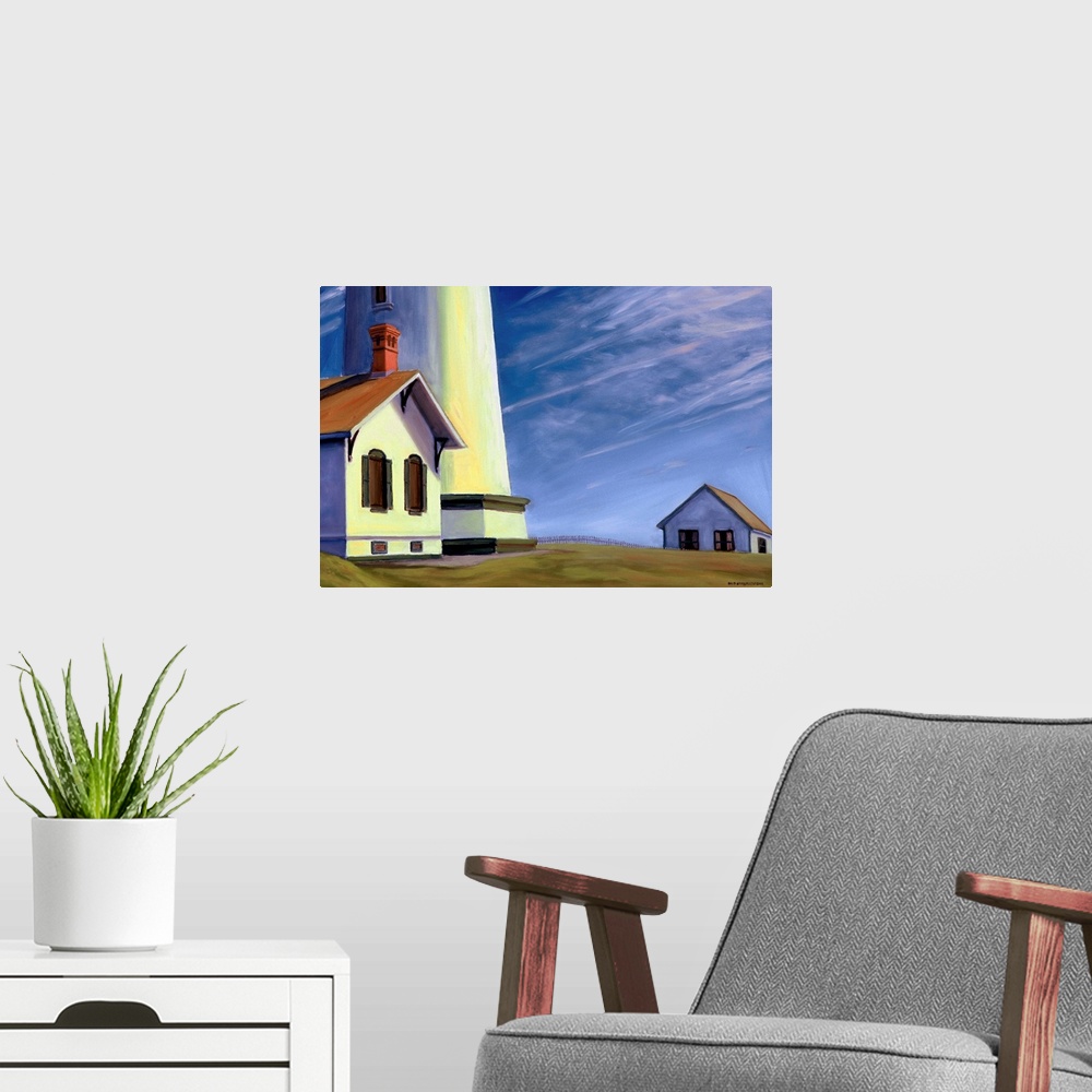 A modern room featuring Contemporary artwork of a small house next to a lighthouse on the coast of Washington.