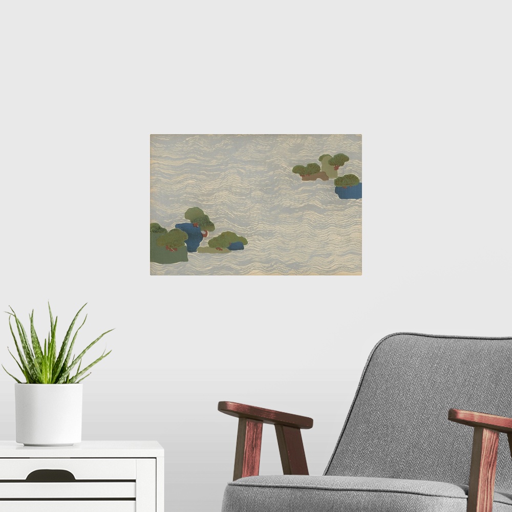 A modern room featuring LWR341704 Pine islands in a silver sea, from a Chigusa (A Thousand Grasses) series, 1903 (colour ...