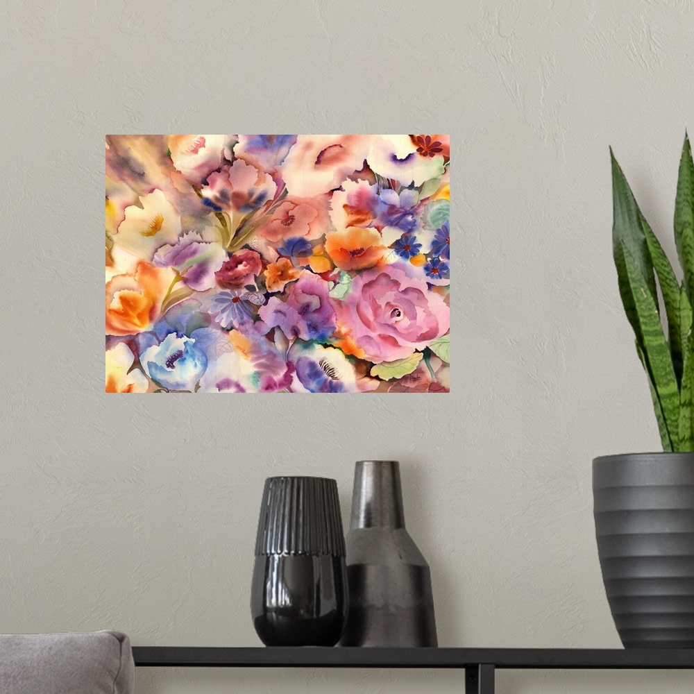 A modern room featuring Contemporary watercolor painting multi-colored flowers.