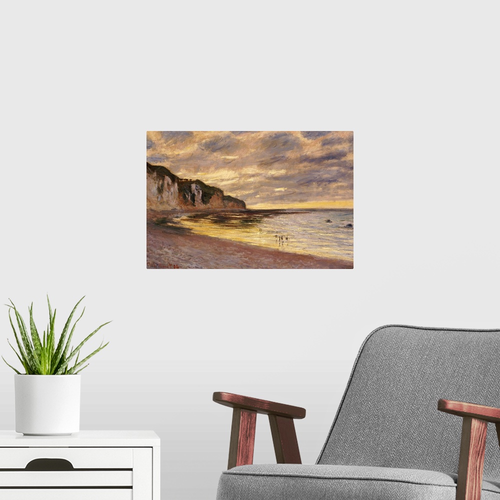 A modern room featuring A classic piece of artwork that is a painted beach scene under a dusk sky with cliffs lining the ...
