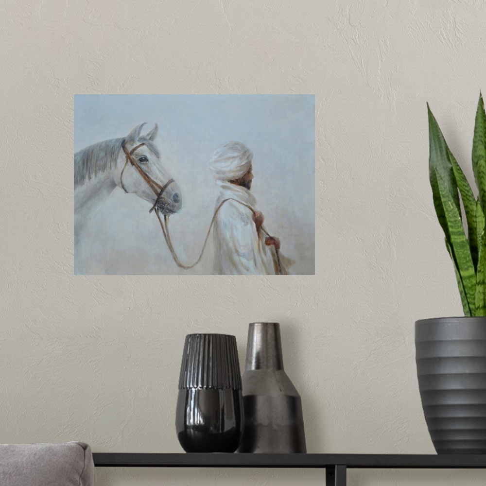 A modern room featuring Rabari Leading Grey Horse
