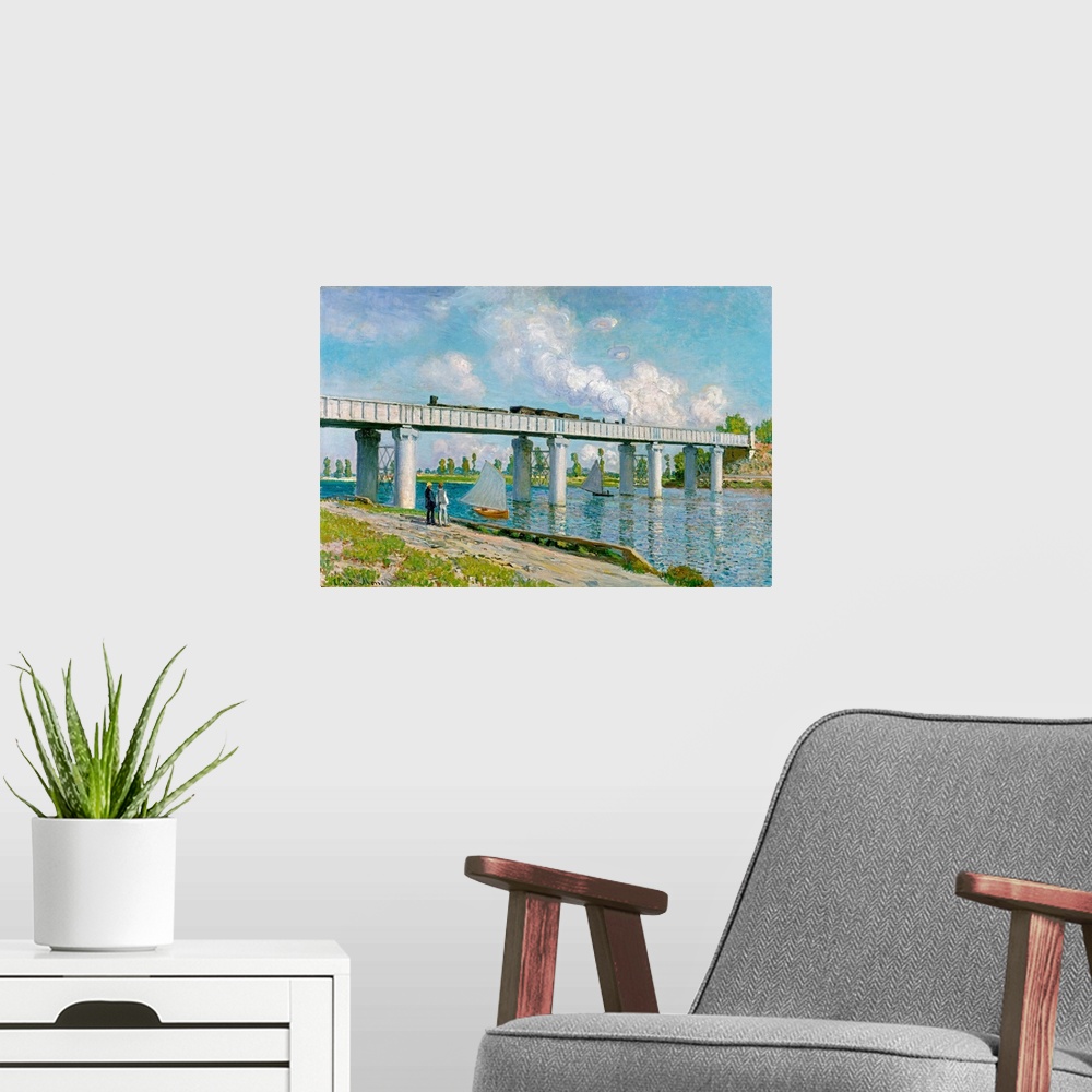 A modern room featuring CH376834 Credit: Railway Bridge at Argenteuil, 1873 (oil on canvas) by Claude Monet (1840-1926)Pr...