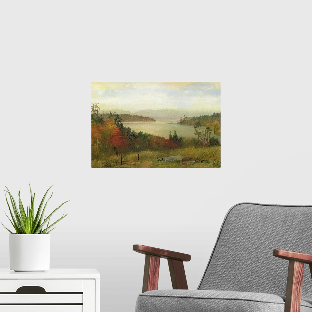 A modern room featuring Painting of river surrounded by fall forest with mountains in the distance under a cloudy sky.