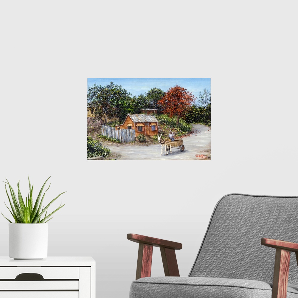 A modern room featuring An oil painting of small huts surrounded by trees with a road in front that has a man being pulle...