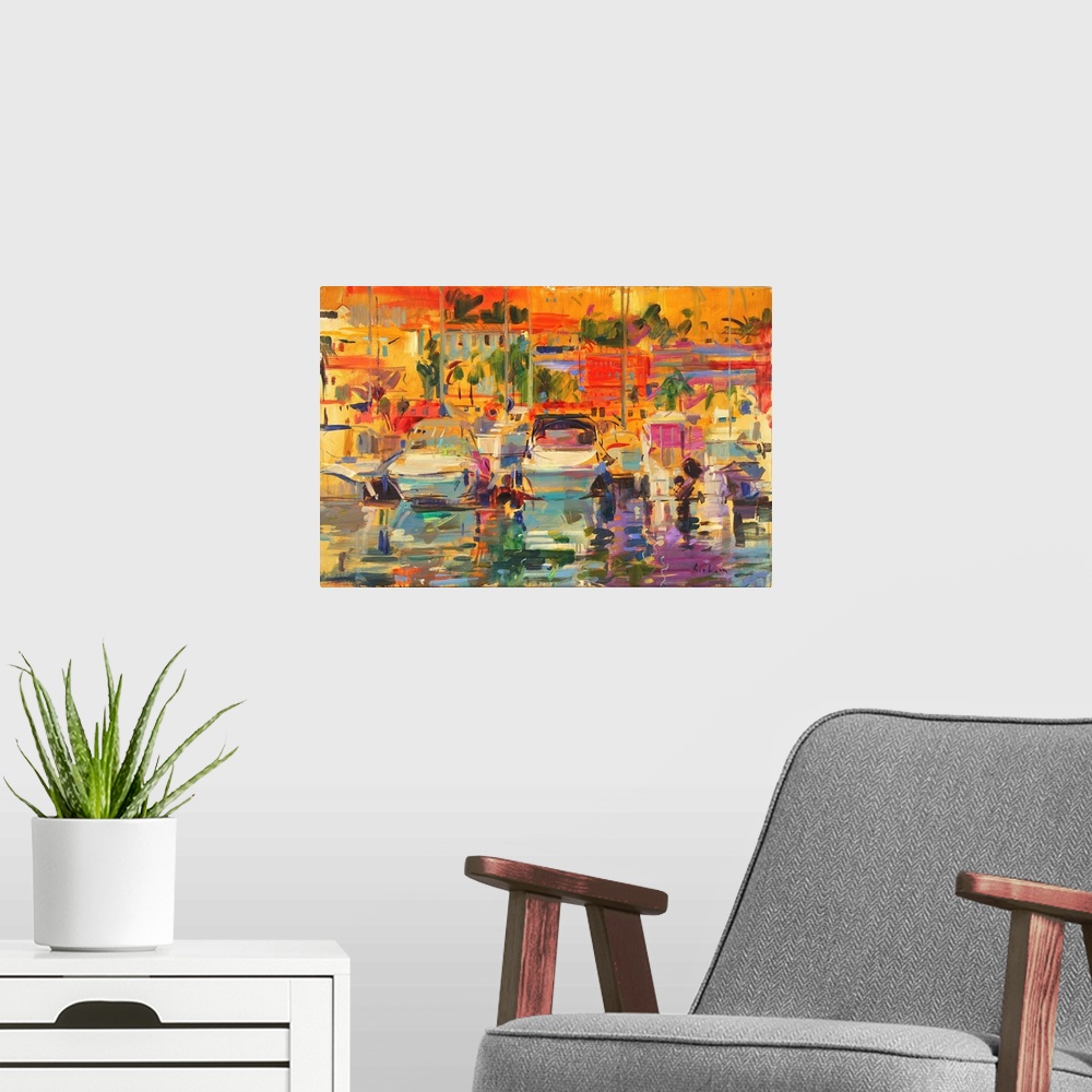 A modern room featuring Riviera Harbour Sun (originally oil on canvas) by Graham, Peter