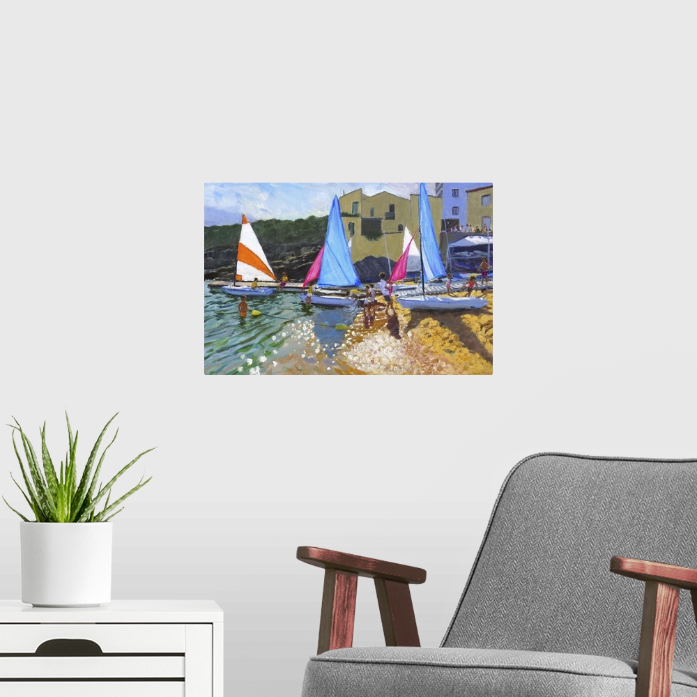 A modern room featuring Contemporary painting of a coastal town with colorful sailboats on the shore.