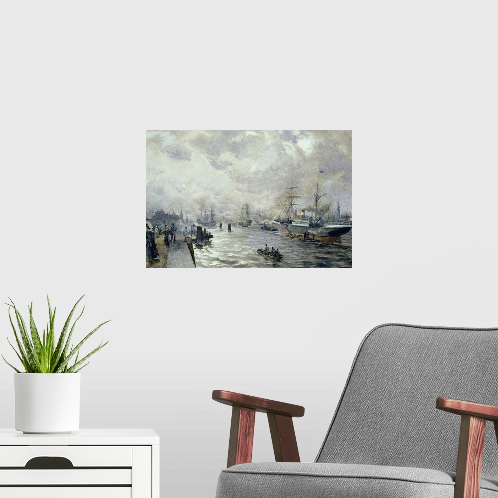 A modern room featuring XKH152153 Sailing Ships in the Port of Hamburg, 1889 (w/c and gouache on paper)  by Rodeck, Carl ...