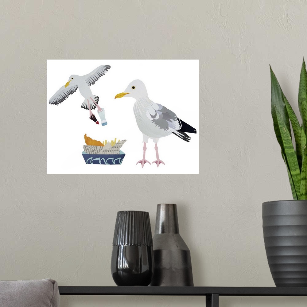 A modern room featuring Contemporary paper cut illustration of a gull against a white background, with a flying gull stea...