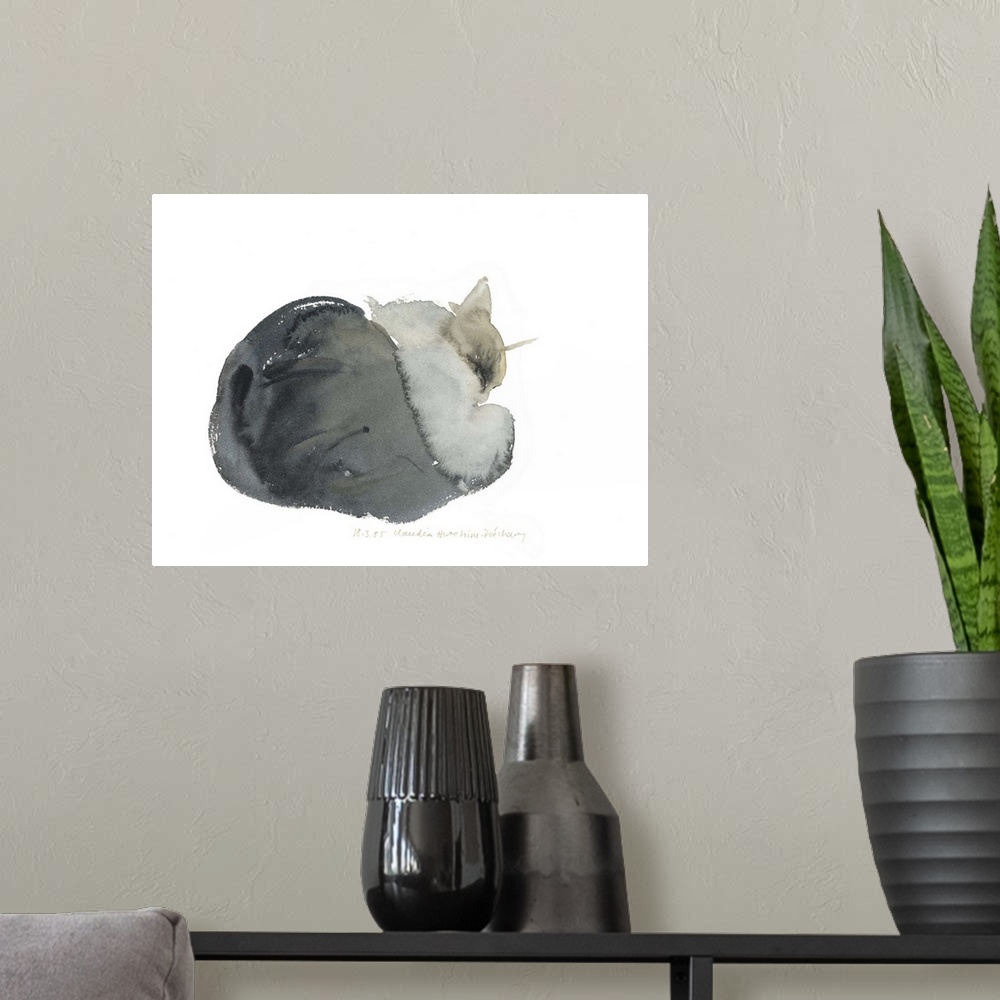 A modern room featuring Contemporary watercolor painting of a cat.
