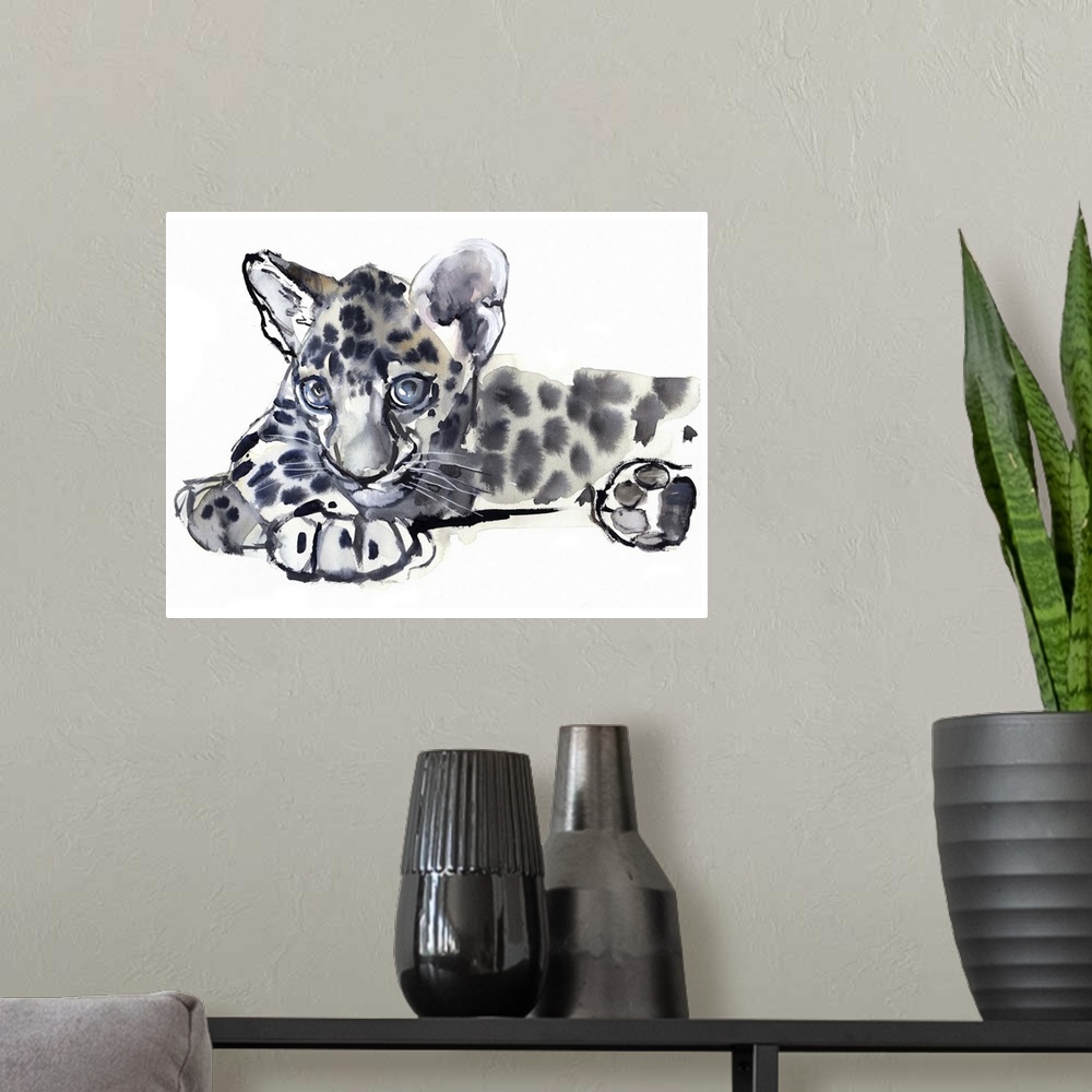 A modern room featuring Contemporary wildlife painting of an Arabian Leopard cub.