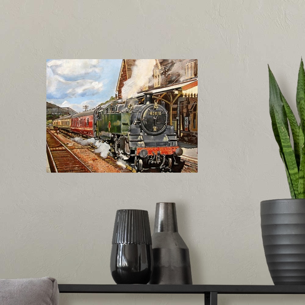 A modern room featuring Oil painting on canvas of a steam train pulling up to a train station.