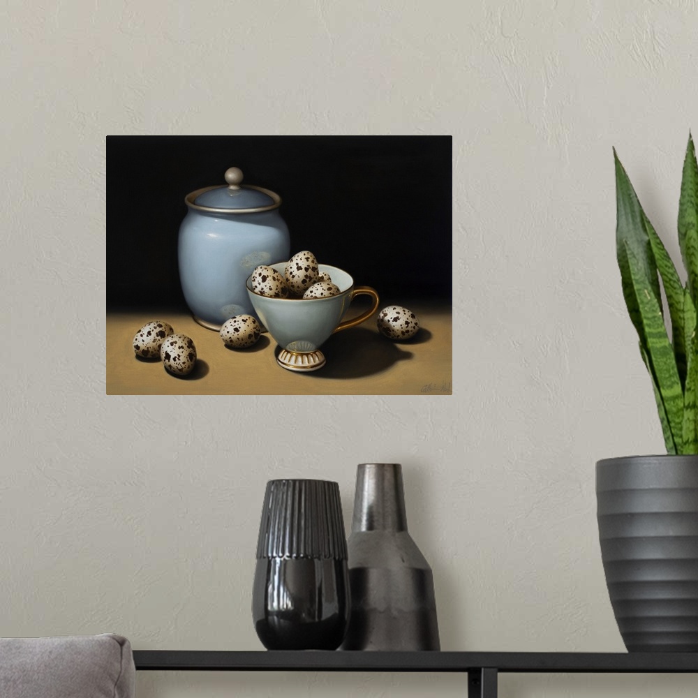 A modern room featuring Still Life With Duck Egg Blue, 2018