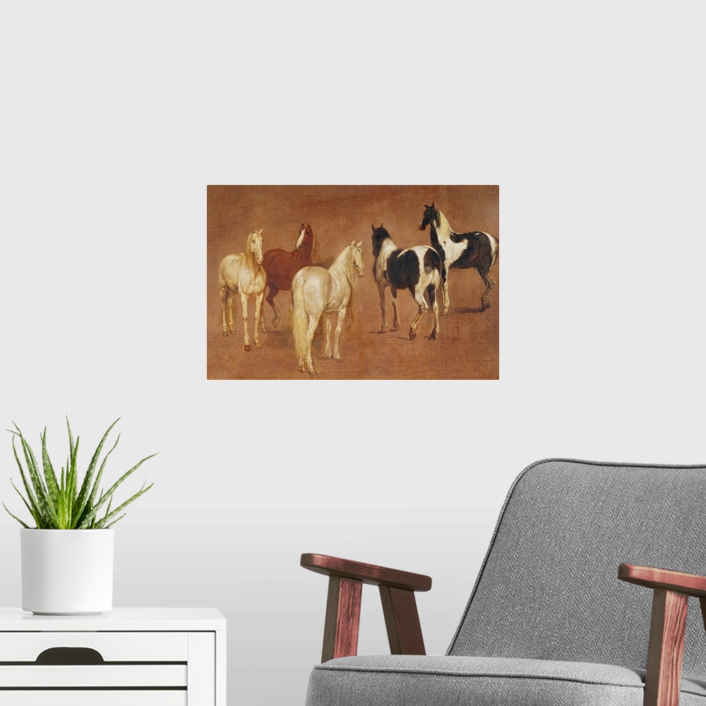 A modern room featuring An oil painting of five horses in various positions and coloring.
