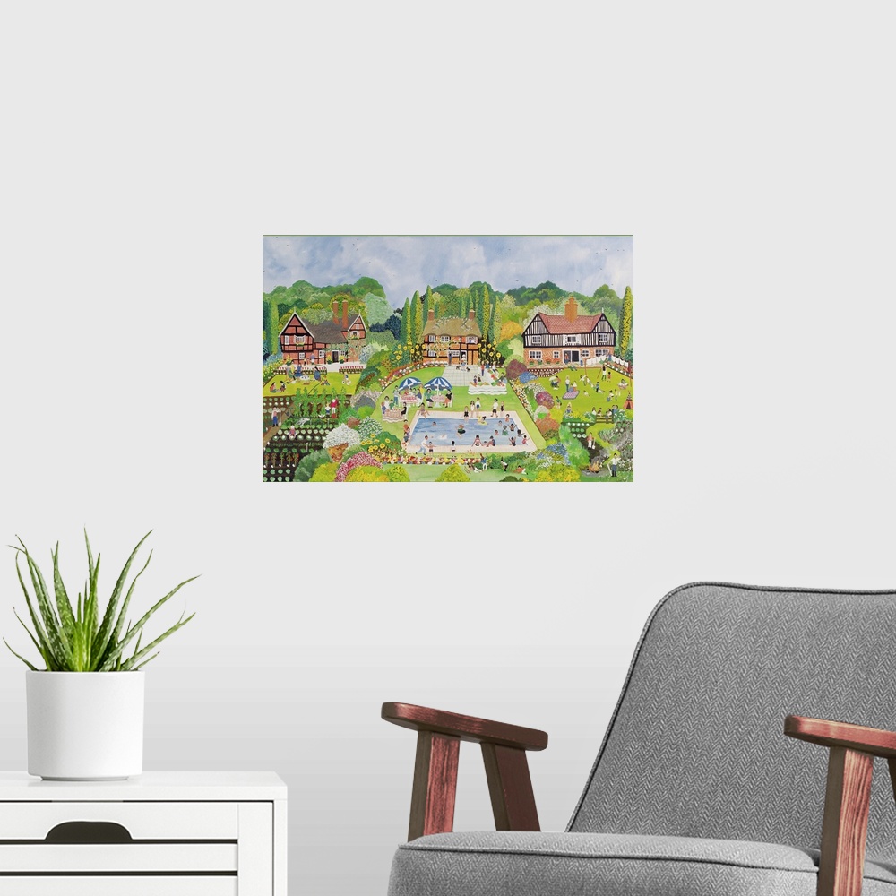 A modern room featuring Contemporary painting of a neighborhood with gardens and lots of people.