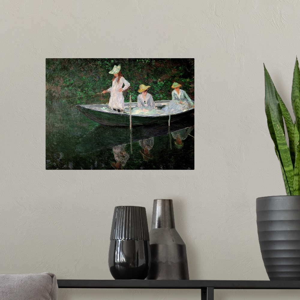 A modern room featuring Large, landscape classic painting of three women on a row boat in dresses and sun hats, two are s...
