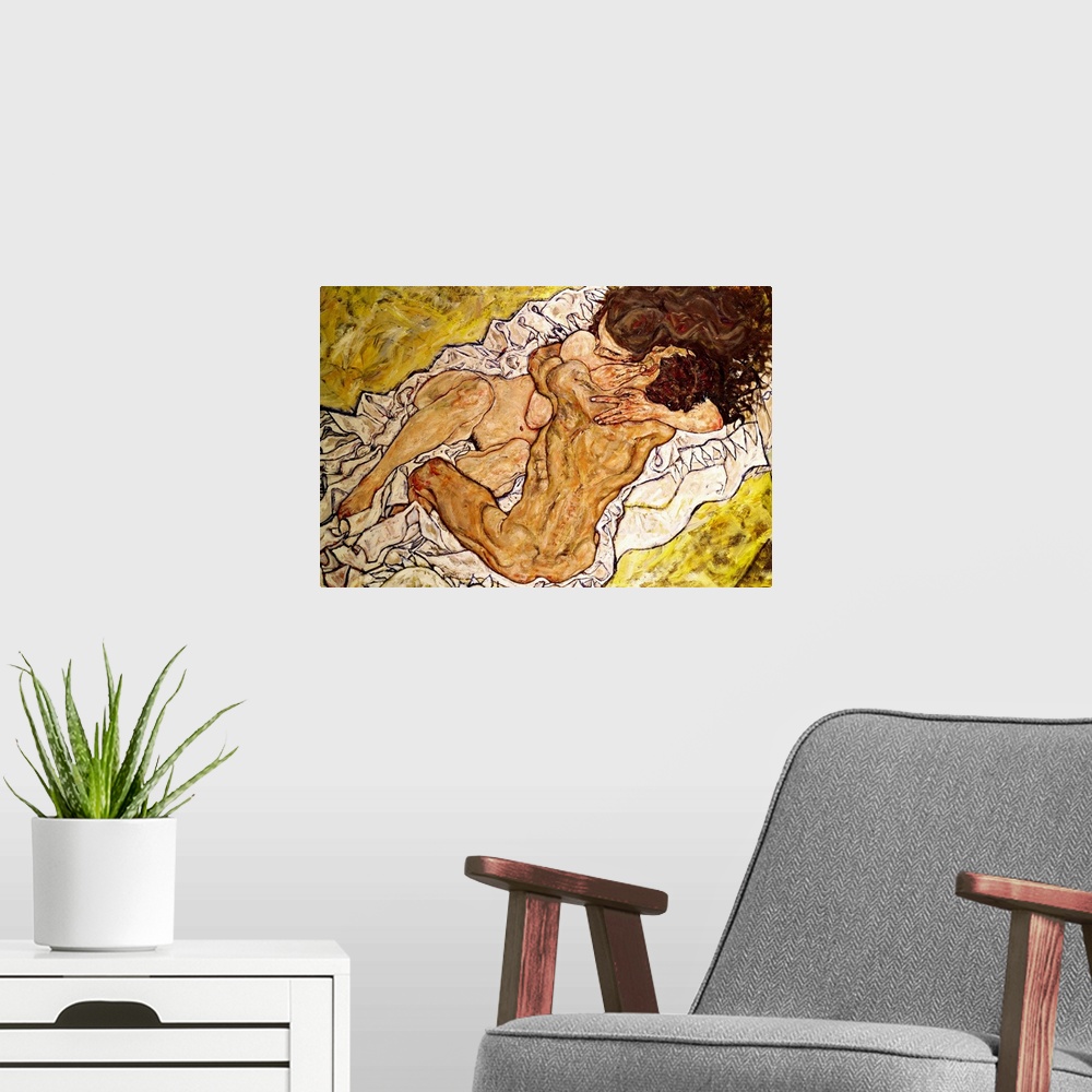 A modern room featuring Oil painting on canvas of an abstractly drawn man and woman laying in each other's arms on a blan...