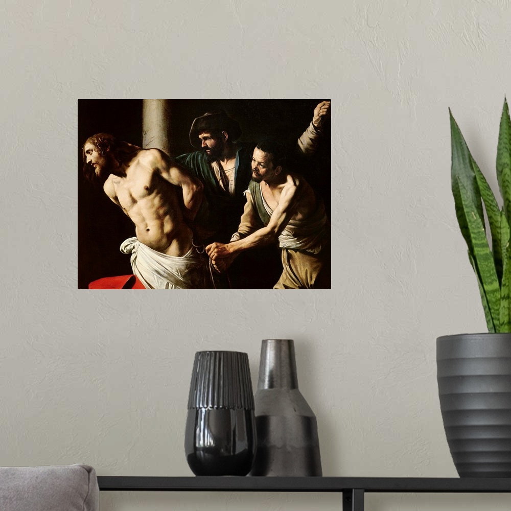 A modern room featuring XOU58364 The Flagellation of Christ, c.1605-7 (oil on canvas)  by Caravaggio, Michelangelo (1571-...