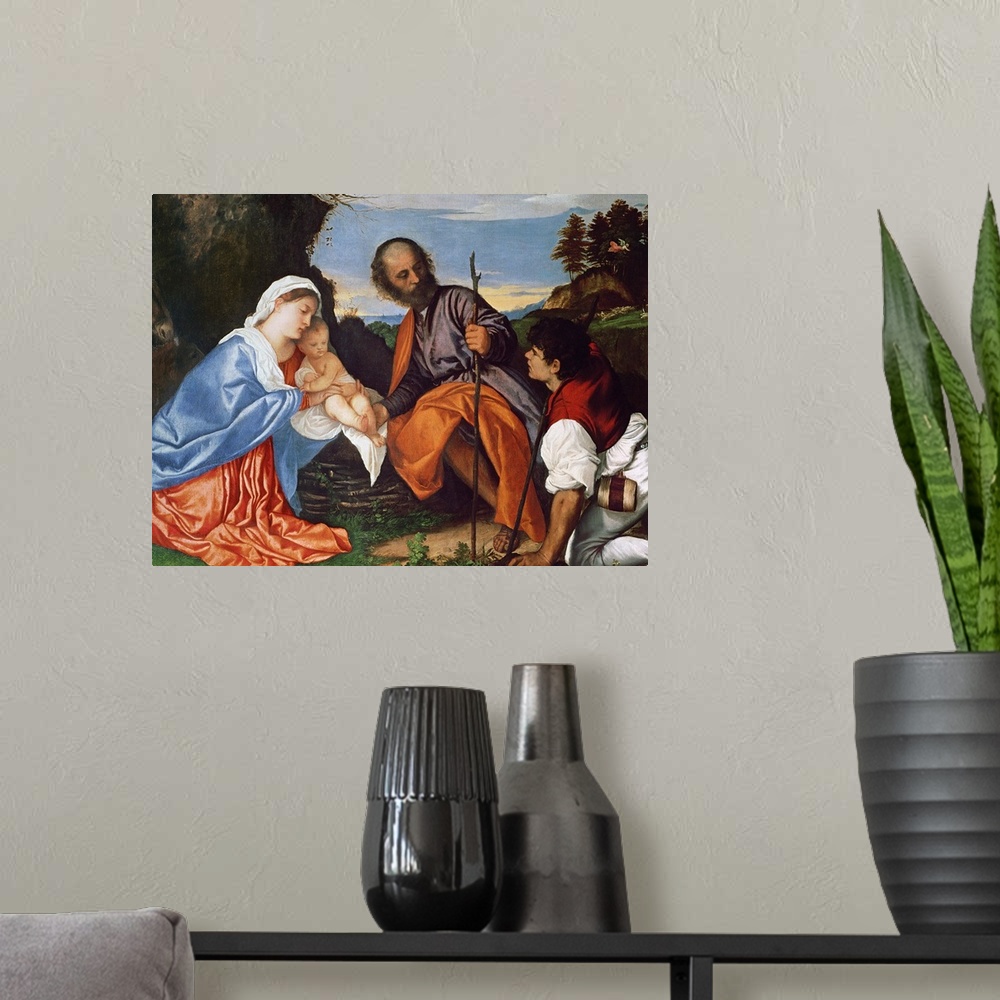 A modern room featuring The Holy Family and a Shepherd, c.1510