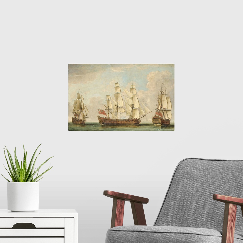 A modern room featuring Originally oil on canvas. The Honourable [East India] Company's Ship Bessborough In Three Positio...