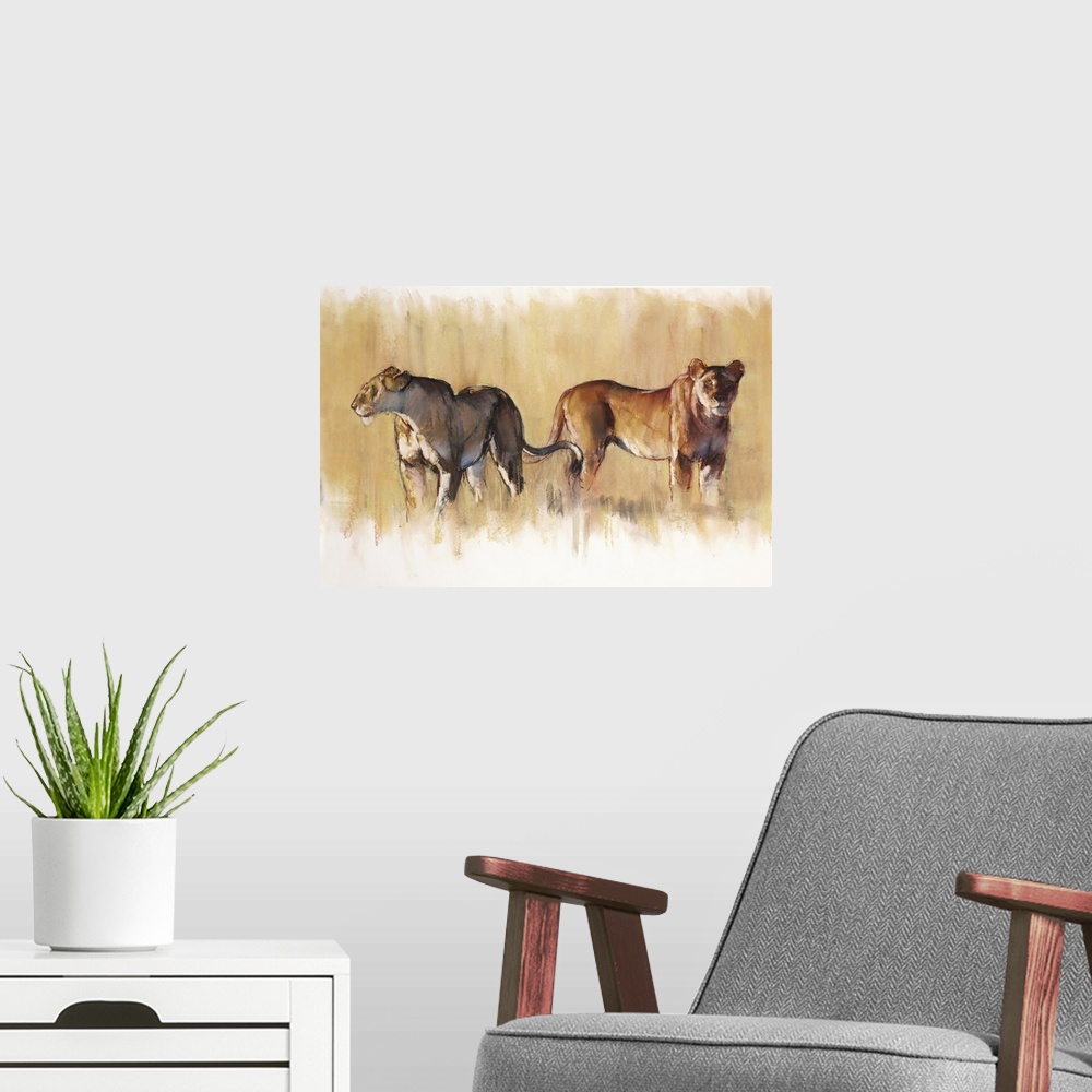 A modern room featuring The Hunting Instructors, 2019. Originally conte and pastel on paper.