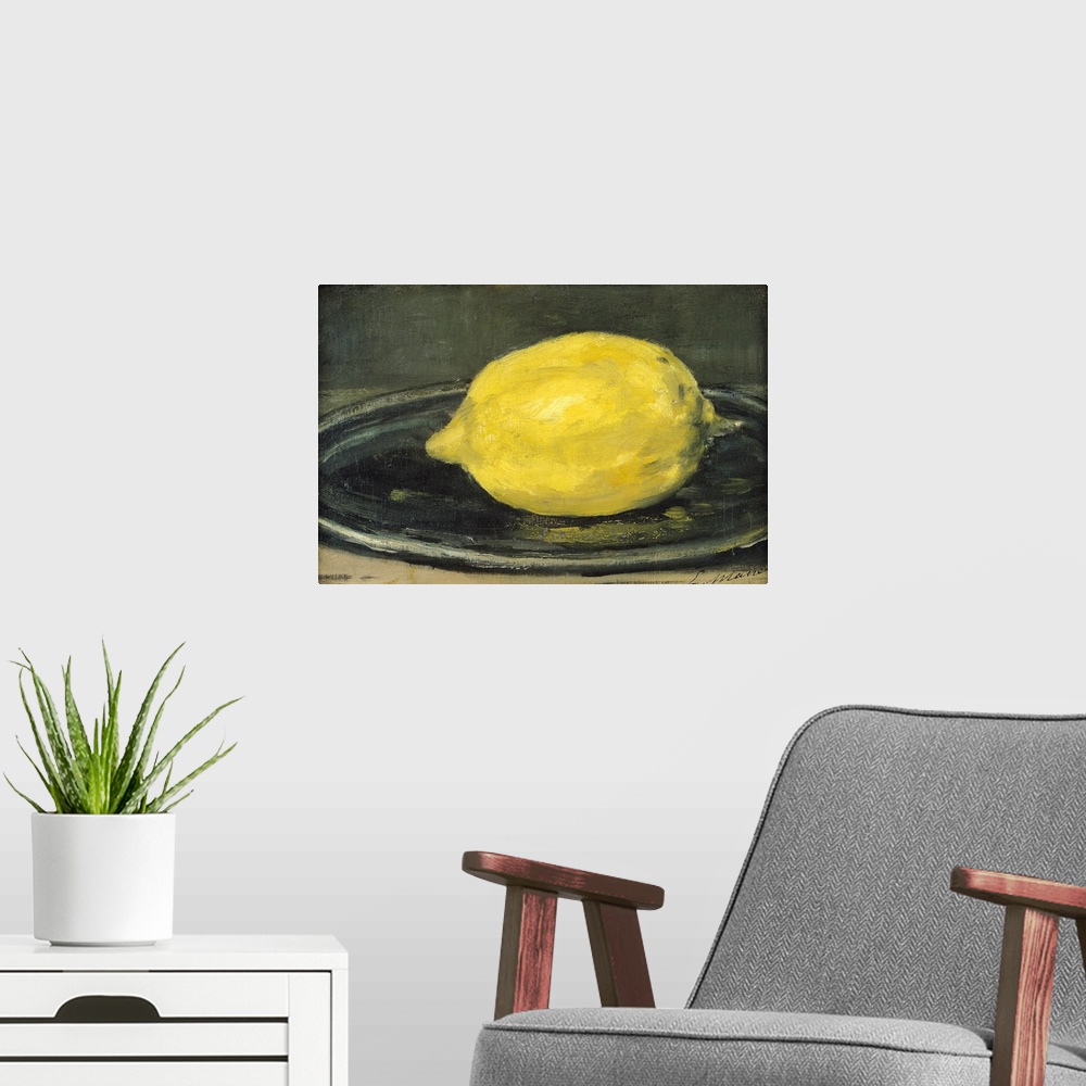 A modern room featuring This horizontal art work is a close up painting of a citrus fruit on a plate created by a 19th ce...