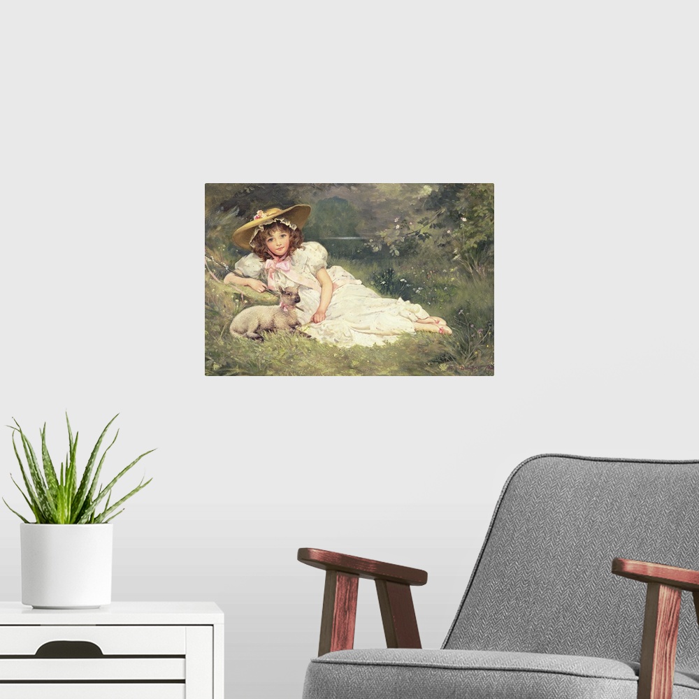A modern room featuring BAL82750 The Little Shepherdess  by May, Arthur Dampier (fl.1872-1914); oil on canvas; 40.6x61 cm...