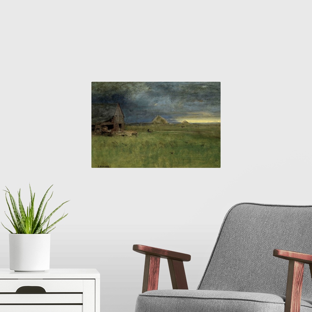 A modern room featuring The Lonely Farm, Nantucket, 1892, oil on canvas.