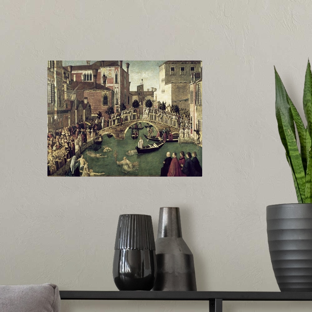 A modern room featuring XIR58302 The Miracle of the Cross on San Lorenzo Bridge, 1500 (oil on canvas) (for detail see 611...