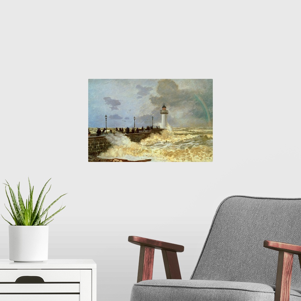A modern room featuring Classic painting of a concrete pier in the ocean with a lighthouse at the end and storm waves spl...