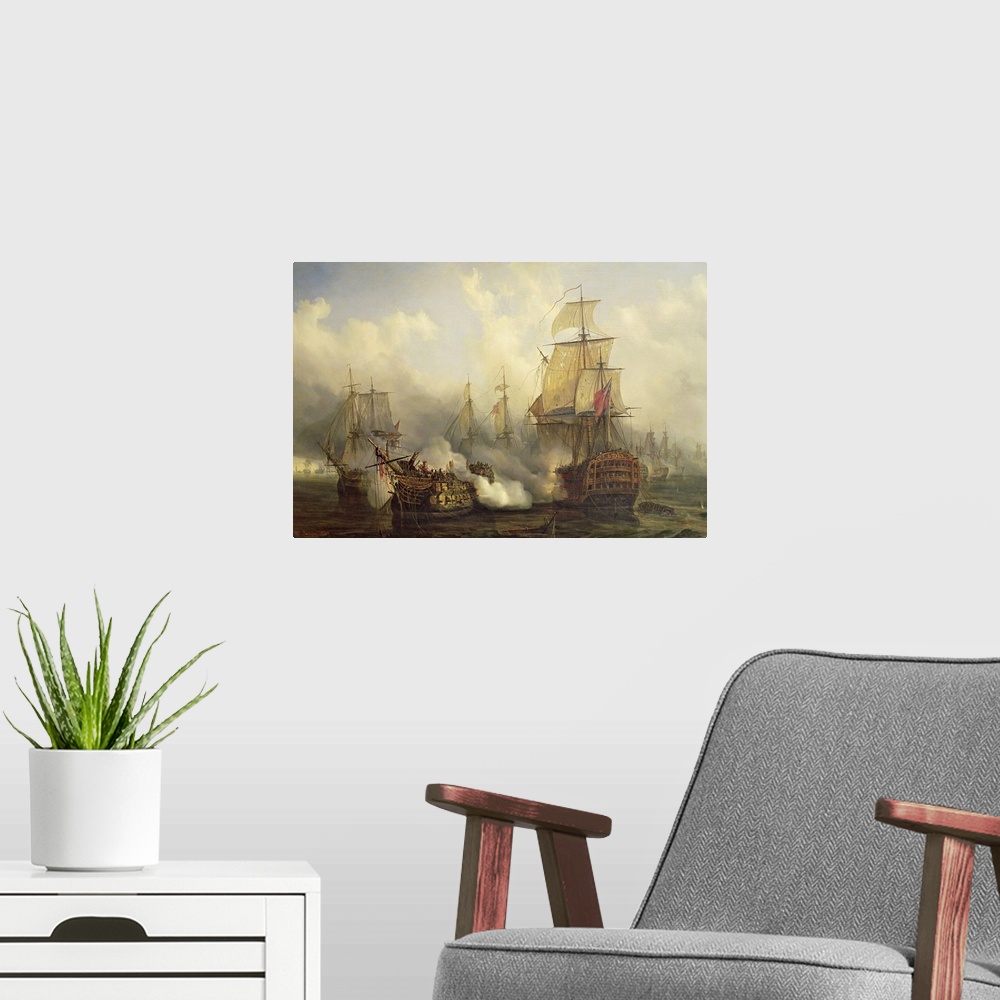 A modern room featuring Landscape, large classic painting of several ships battling in the water, clouds of smoke surroun...