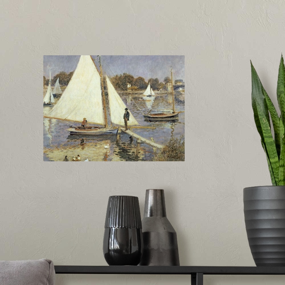 A modern room featuring Landscape, classic wall painting of sailboats on the water in Argenteuil, Paris, France.  A man s...