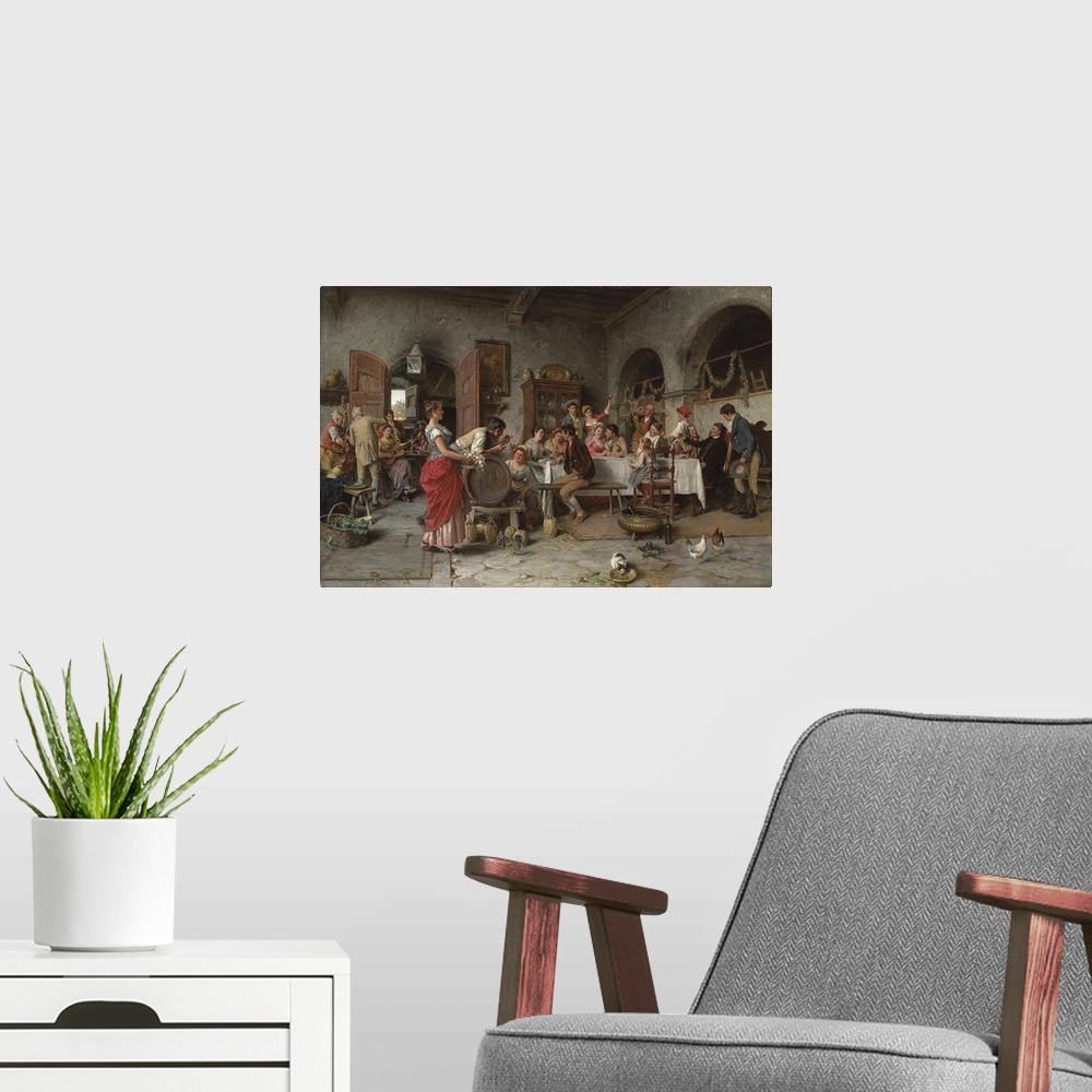 A modern room featuring The Wedding Party (oil on canvas)