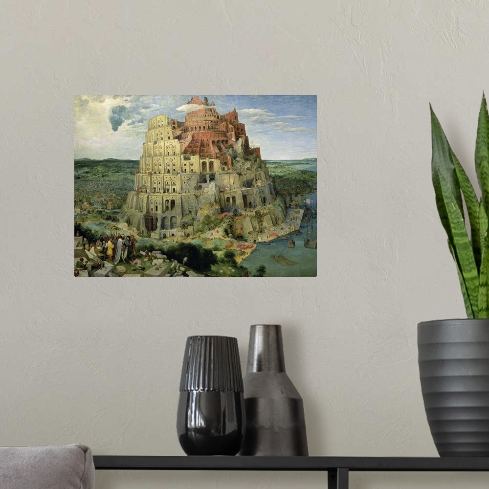 A modern room featuring XAM345 Tower of Babel, 1563 (oil on panel) (for details see 93768-69, 186437-186438)  by Bruegel,...