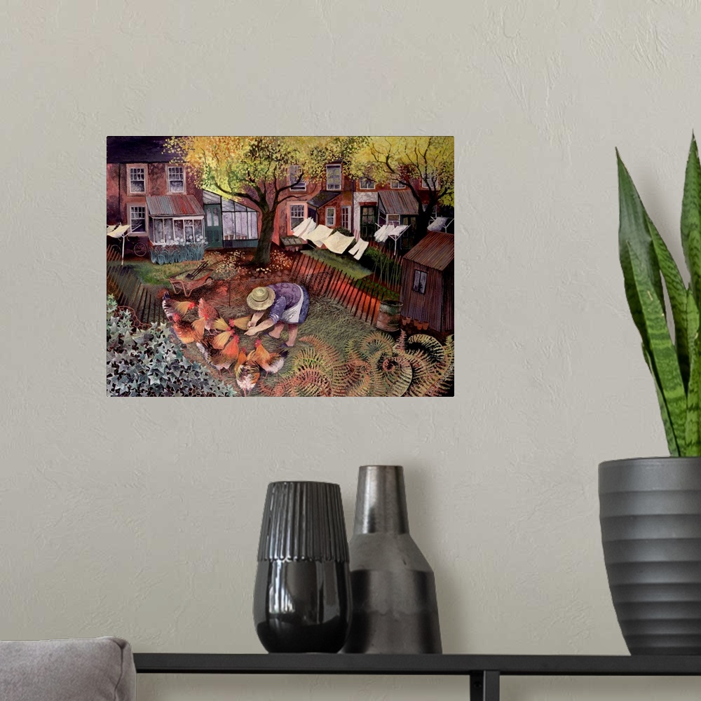 A modern room featuring Contemporary painting of a woman feeding chickens in her backyard.