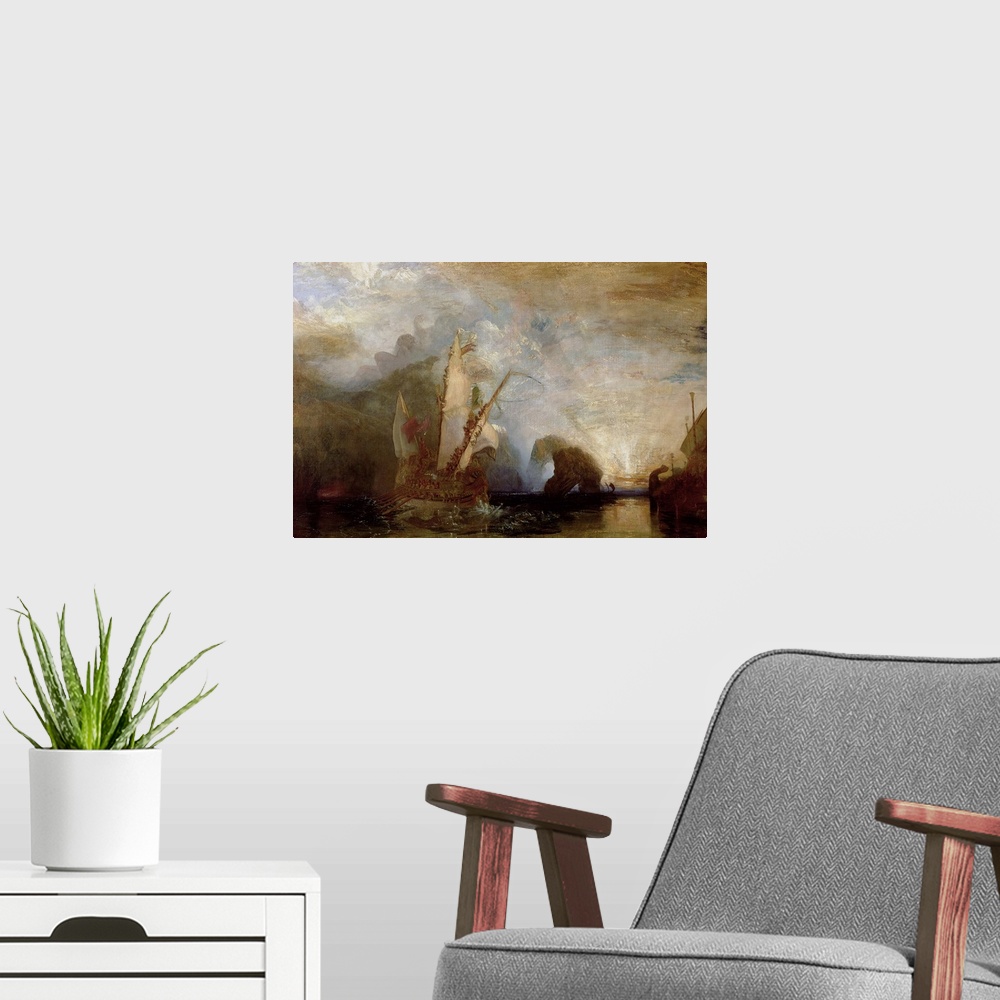 A modern room featuring BAL889 Ulysses Deriding Polyphemus, 1829 (oil on canvas) (for detail see 99614)  by Turner, Josep...